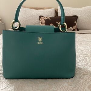 Vera Pelle Turquoise Satchel with Gold Accents